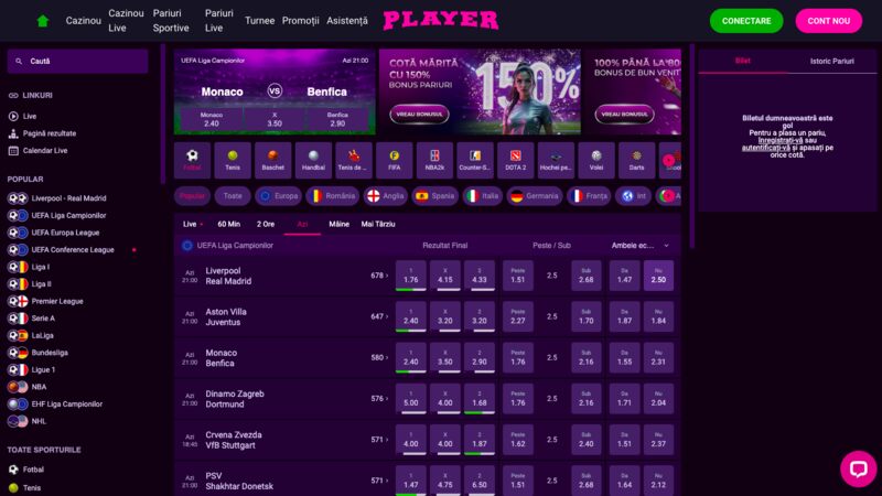 pariuri sportive la Player Casino